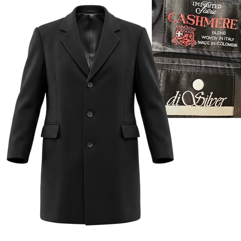 di Silver ITALY Sz 50 Men's Cashmere Coat Topcoat Black Trench 41 Length